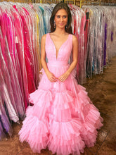 Light Blue A Line Tiered Ruffle Tulle Long Prom Dress