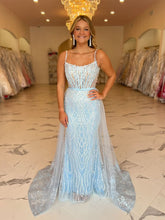 Light Blue Beaded Long Corset Prom Dress with Tulle Train