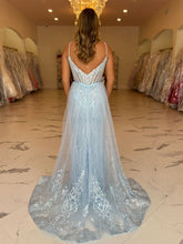 Light Blue Beaded Long Corset Prom Dress with Tulle Train
