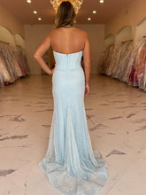 Light Blue Beaded Strapless Corset Prom Dress with Slit