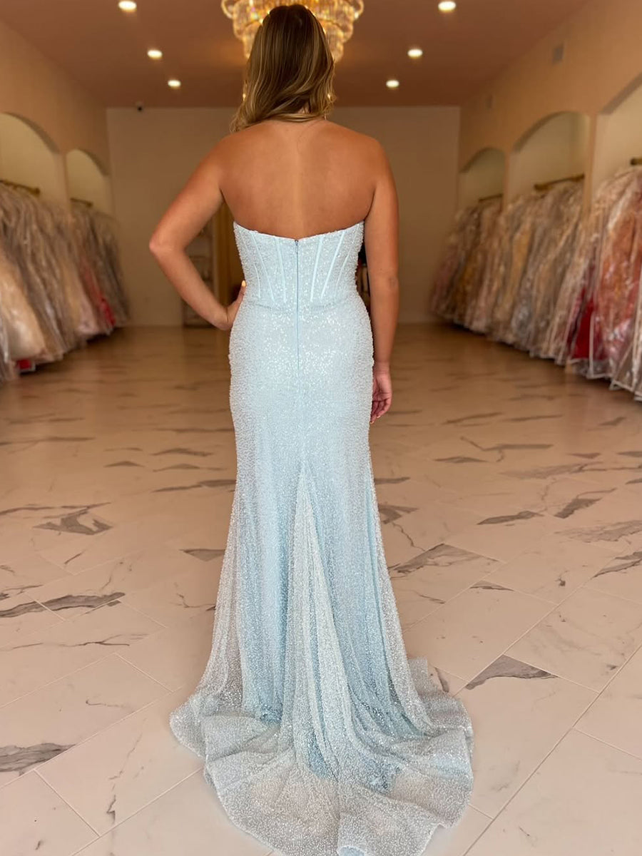 Light Blue Beaded Strapless Corset Prom Dress with Slit – Anna PromDress