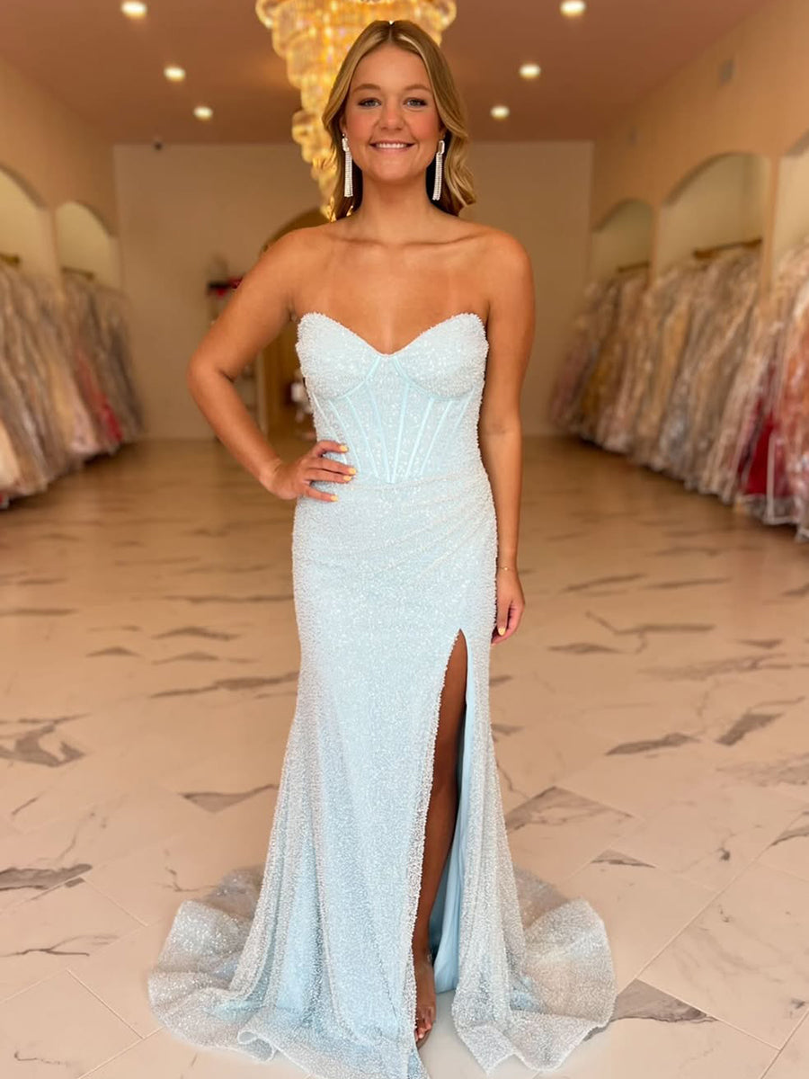 Light Blue Beaded Strapless Corset Prom Dress with Slit