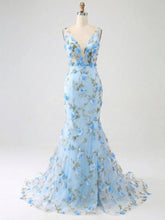 Light Blue Deep V-Neck Tulle Mermaid Prom Dress with 3D Floral Appliqués
