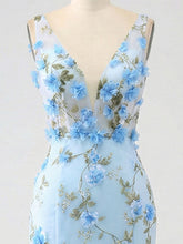 Light Blue Deep V-Neck Tulle Mermaid Prom Dress with 3D Floral Appliqués