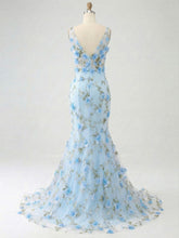Light Blue Deep V-Neck Tulle Mermaid Prom Dress with 3D Floral Appliqués