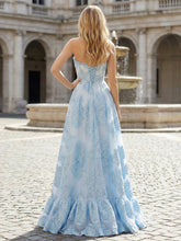 Light Blue Floral Appliqué Corset A-Line Prom Dress with Slit