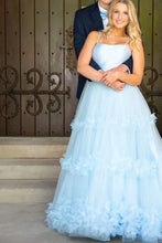 A Line Light Blue Spaghetti Straps Floral Prom Dresses, Ruffles Formal Dresses GJS755