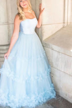 A Line Light Blue Spaghetti Straps Floral Prom Dresses, Ruffles Formal Dresses GJS755