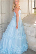 A Line Light Blue Spaghetti Straps Floral Prom Dresses, Ruffles Formal Dresses GJS755