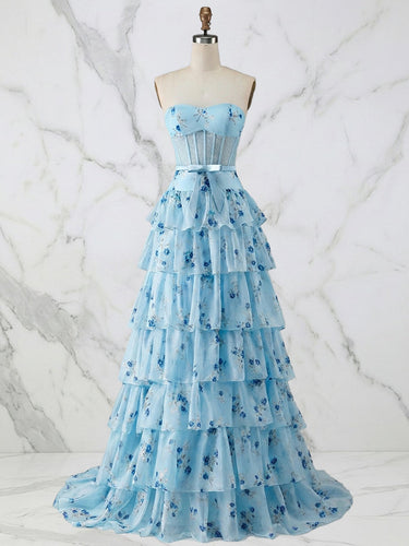 Light Blue Floral Strapless Tiered Corset Long Prom Dress
