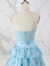 Light Blue Floral Strapless Tiered Corset Long Prom Dress