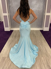 Light Blue Halter Mermaid Prom Dress with Ruffled Plunging V-Neck