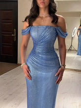 Light Blue Mermaid Off-Shoulder Ruched Long Prom Dress