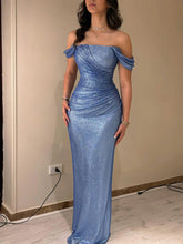Light Blue Mermaid Off-Shoulder Ruched Long Prom Dress