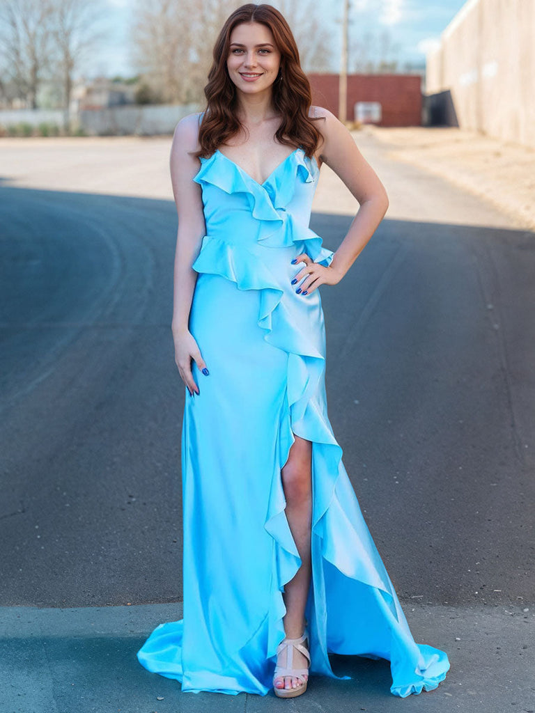Light Blue Ruffle Bodice Satin Prom Dress with Slit – Anna PromDress