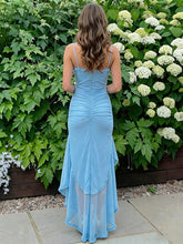 Light Blue Ruffled Mesh Sheer Panels Long Prom Dress