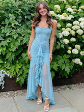 Light Blue Ruffled Mesh Sheer Panels Long Prom Dress