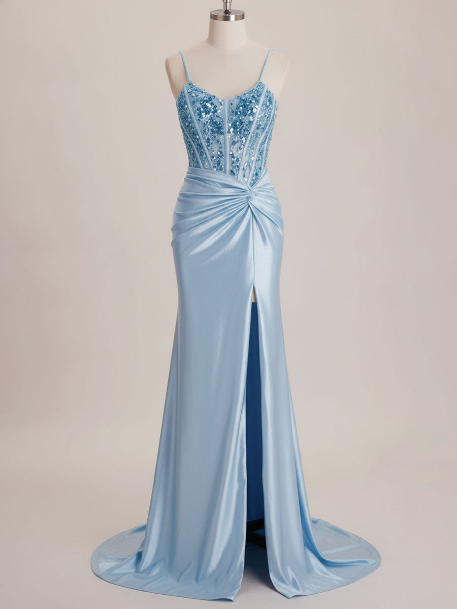 Light Blue Satin Sequin Bodice Twisted Waist Corset Prom Dress with Slit