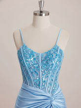 Light Blue Satin Sequin Bodice Twisted Waist Corset Prom Dress with Slit