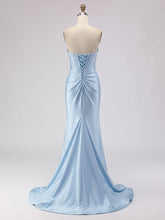 Light Blue Satin Strapless Corset Prom Dress with Slit