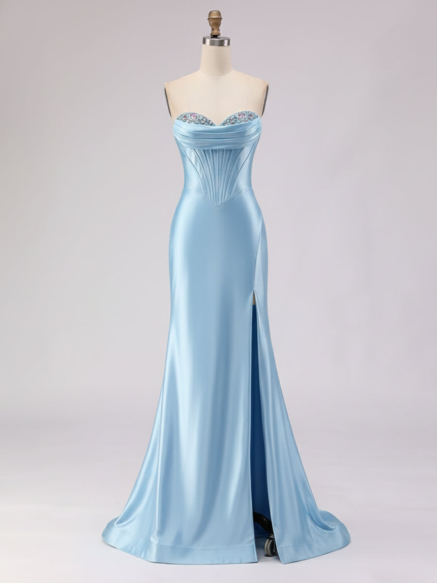 Light Blue Satin Strapless Corset Prom Dress with Slit