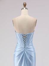 Light Blue Satin Strapless Corset Prom Dress with Slit