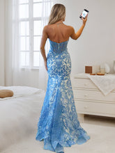 Light Blue Satin Strapless Pearl Beaded Corset Ruched Prom Dress