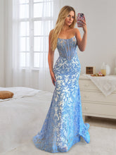 Light Blue Satin Strapless Pearl Beaded Corset Ruched Prom Dress