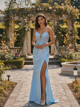 Light Blue Satin Strapless Sheer Floral Lace Corset Prom Dress with Slit