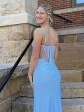 Light Blue Spaghetti Strap Corset Bodice Prom Dress with High Slit