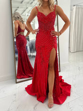 Light Blue Spaghetti Straps Beaded Corset Prom Dress with Slit