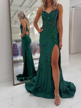 Light Blue Spaghetti Straps Beaded Corset Prom Dress with Slit