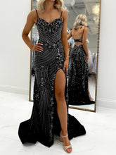 Light Blue Spaghetti Straps Beaded Corset Prom Dress with Slit