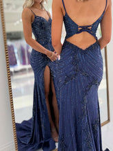 Light Blue Spaghetti Straps Beaded Corset Prom Dress with Slit