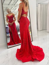 Light Blue Spaghetti Straps Beaded Corset Prom Dress with Slit