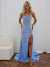 Light Blue Spaghetti Straps Beaded Long Corset Prom Dress with Slit