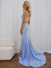 Light Blue Spaghetti Straps Beaded Long Corset Prom Dress with Slit