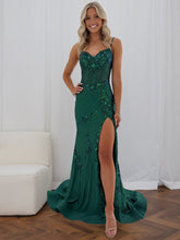 Light Blue Spaghetti Straps Beaded Long Corset Prom Dress with Slit