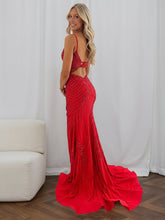 Light Blue Spaghetti Straps Beaded Long Corset Prom Dress with Slit