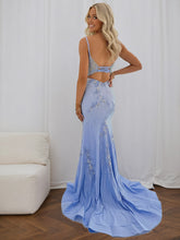 Light Blue Spaghetti Straps Beaded Long Corset Prom Dress with Slit