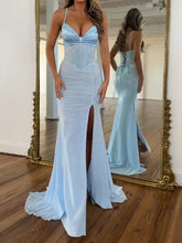 Light Blue Spaghetti Straps Lace-Up Corset Prom Dress with Slit