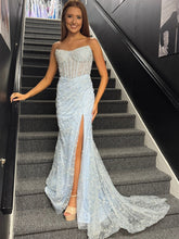 Light Blue Strapless Pearl Beaded Corset Prom Dress with Slit