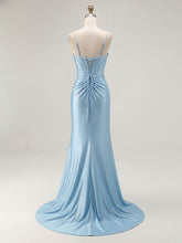 Blue Ruched Corset Mermaid Beaded Long Prom Dress With Slit