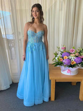 Light Blue Strapless Tulle Prom Dress with Floral Lace Appliqués