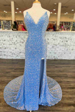 Light Blue Sequin Prom Dress With Slit SYP151