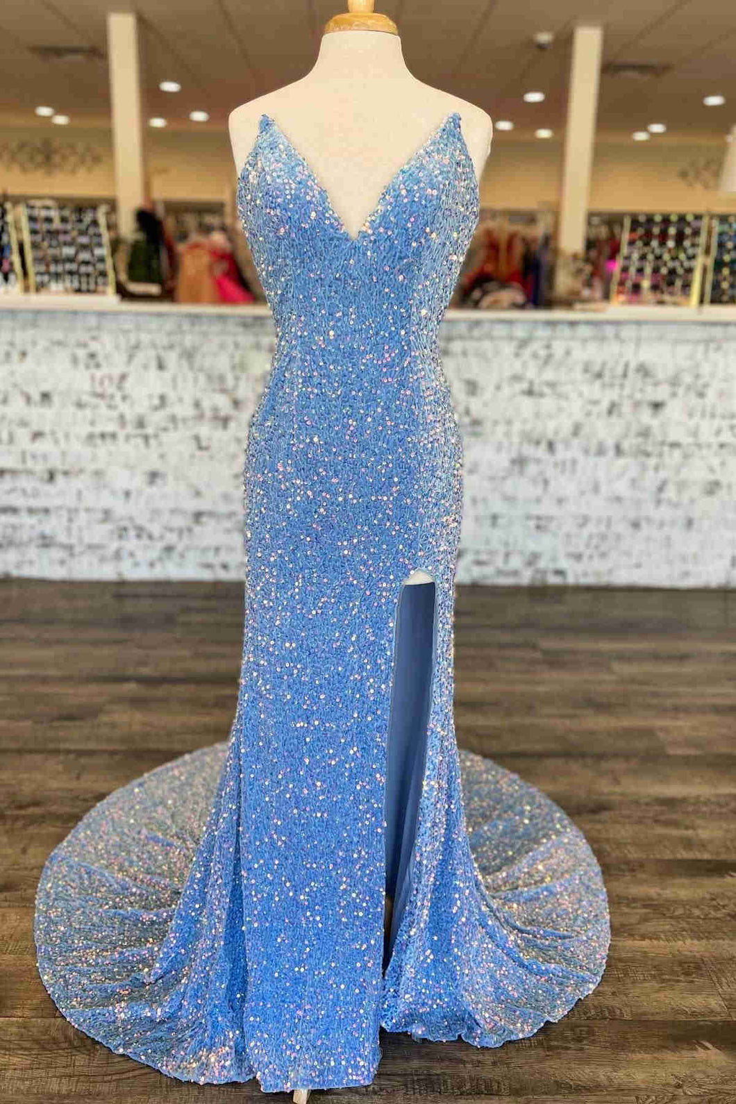 Light Blue Sequin Prom Dress With Slit SYP151