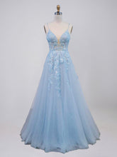 Light Blue V-Neck Tulle A-Line Prom Dress with 3D Floral Appliqués