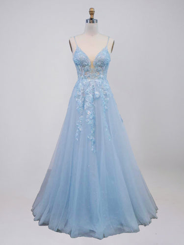 Light Blue V-Neck Tulle A-Line Prom Dress with 3D Floral Appliqués