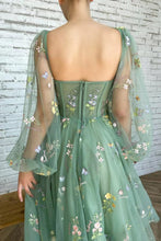 Embroidered Tulle Light Green Prom dress With Puffy Long Sleeve PSK304