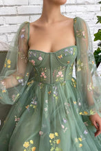 Embroidered Tulle Light Green Prom dress With Puffy Long Sleeve PSK304